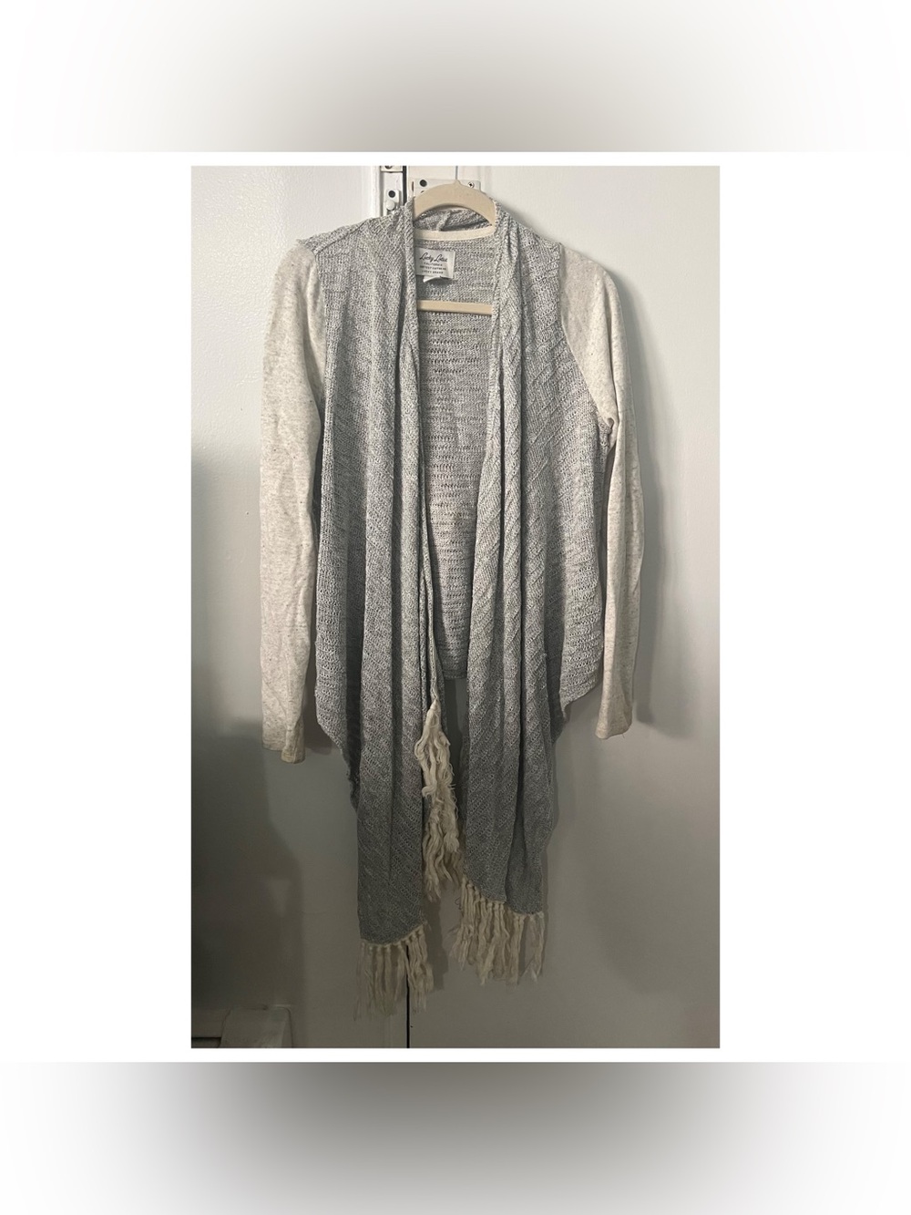 Lucky Lotus gray & white knit cardigan with fringe, size M